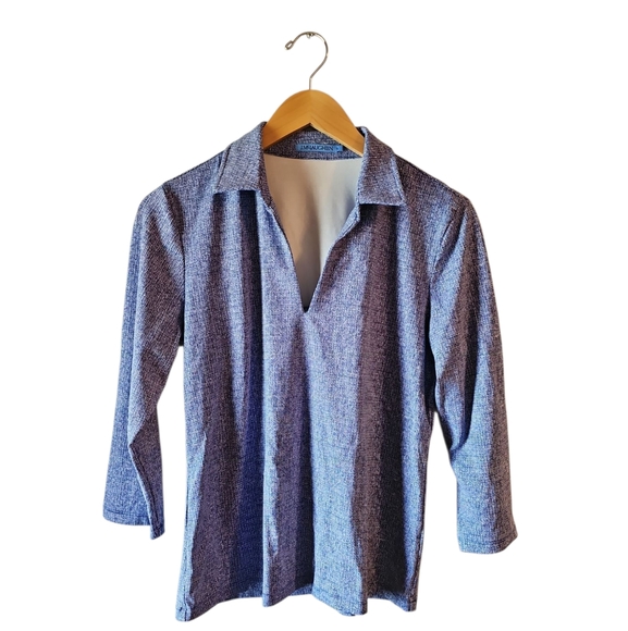 J.McLaughlin Knit Catalina Cloth V-Neck Point Collar 3/4 Sleeve Top Large Blue - Picture 3 of 8